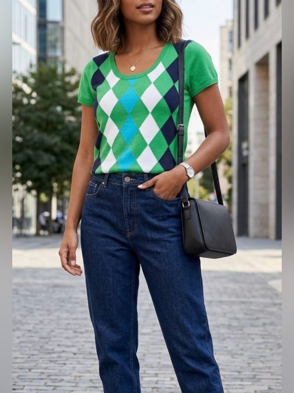 liz&co. Argyle Crew Neck Sweater Green Blue Size Large